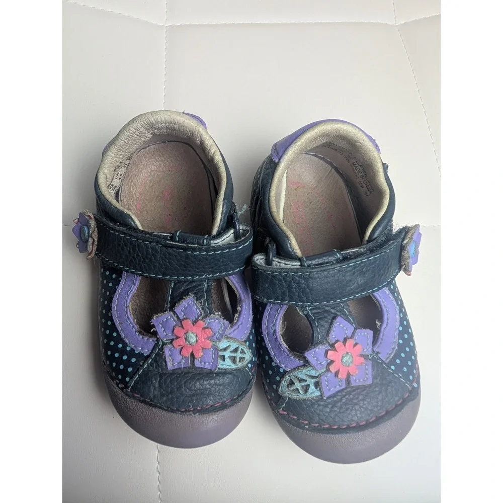Stride Rite Toddler Girls Leather Floral Mary Jane Shoes Purple Hook & Loop Sz 5